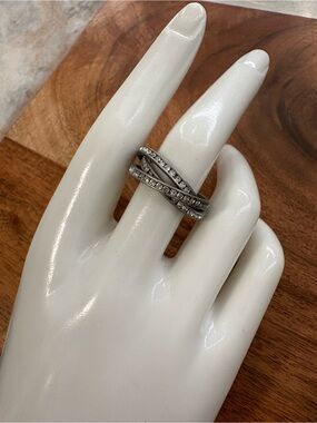 Sterling Silver Crystal Crossover Ring - Elegant Women's Jewelry Size 6